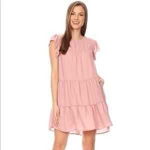 Foteisy Ruffle Short Sleeve Babydoll Mini Swing Cake Dress In Pink Size L